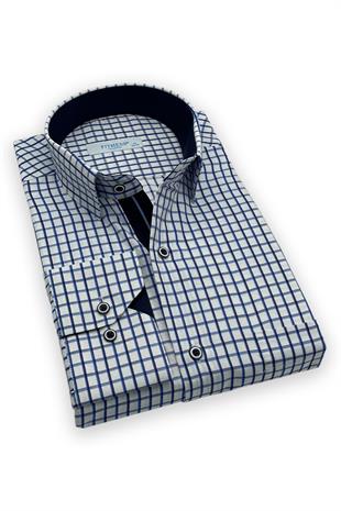 Klasik Uzun Kol Renkli Kareli Hediye Kutulu Erkek Gömlek FS-002154 - Beyaz Lacivert