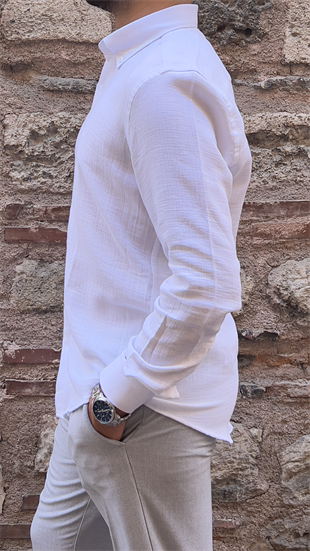 Slim Fit Uzun Kol Müslin Pamuk Rahat Nefes Alabilen Kumaştan Yaka Düğmeli Hediye Kutulu Erkek Gömlek FS-004202 - Beyaz