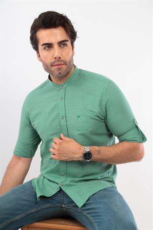 Hakim Yaka Slim Fit Keten Hediye Kutulu Erkek Gömlek FS-003042 - Yeşil