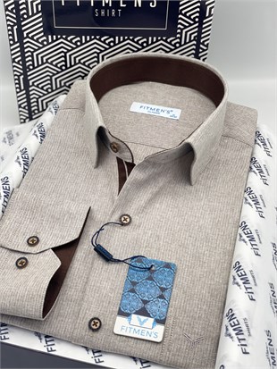 Klasik Uzun Kol Keten Cotton Hediye Kutulu Erkek Gömlek FS-001261 - Bej