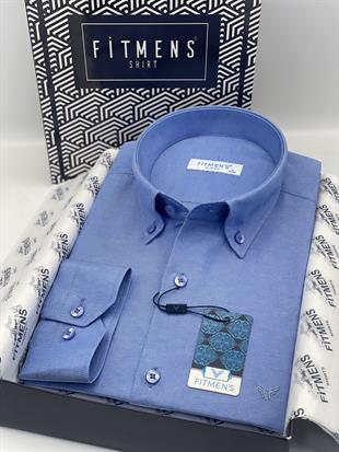 Slim Fit Uzun Kol Pamuklu Hediye Kutulu Kolay Ütülenebilir Erkek Gömlek FS-002225 - Saks Mavi