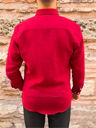 Slim Fit Uzun Kol Müslin Pamuk Rahat Nefes Alabilen Kumaştan Yaka Düğmeli Hediye Kutulu Erkek Gömlek FS-004202 - Bordo