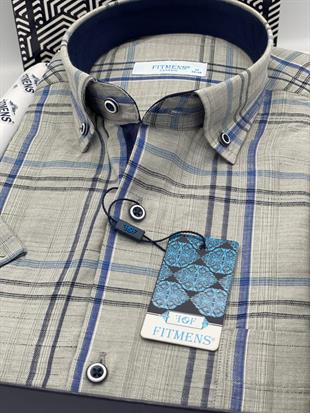 Klasik Kısa Kol Keten Pamuk Renkli Yaka Düğ.Hediye Kutulu Erkek Gömlek FS-003007 - Lacivert