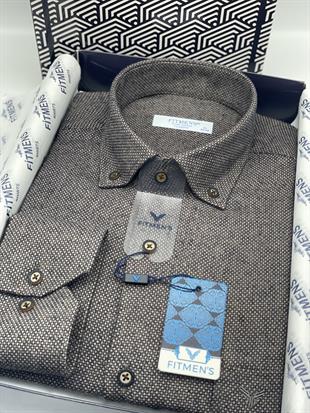 Klasik Uzun Kol Kışlık Yaka Düğmeli Yünlü %100 Cotton Hediye Kutulu Erkek Gömlek FS-003768 - Kahverengi