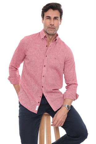 Slim Fit Uzun Kol Yaka Düğmeli Nefes Alan Keten Hediye Kutulu Erkek Gömlek FS-004548 - Kırmızı