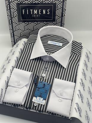 Klasik Uzun Kol Cepsiz Yaka Manşet Beyaz Hediye Kutulu Erkek Gömlek FS-004325 - Siyah Beyaz