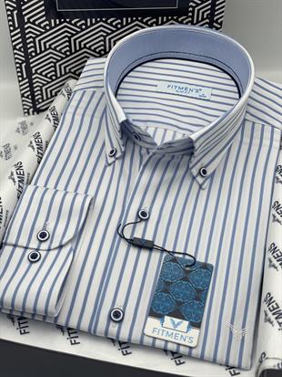 Slim Fit Uzun Kol Premium Kalın Çizgili Yaka Düğmeli Hediye Kutulu Kolay Ütülenebilir Erkek Gömlek FS-001375 - Beyaz Açık Mavi