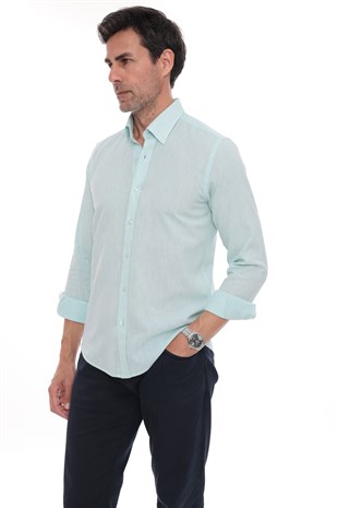Slim Fit Uzun Kol Yaka Düğmeli Nefes Alan Keten Hediye Kutulu Erkek Gömlek FS-004548 - Mint