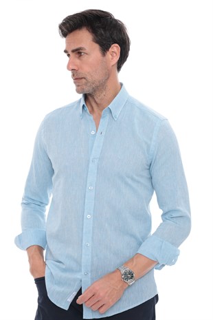 Slim Fit Uzun Kol Yaka Düğmeli Nefes Alan Keten Hediye Kutulu Erkek Gömlek FS-004548 - Turkuaz
