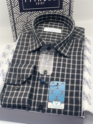 Klasik Uzun Kol Kışlık Kareli %100 Cotton Yaka Alttan Düğmeli Hediye Kutulu Erkek Gömlek FS-003129 - Siyah
