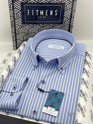 Slim Fit Uzun Kol Premium Kalın Çizgili Yaka Düğmeli Hediye Kutulu Kolay Ütülenebilir Erkek Gömlek FS-001375 - Açık Mavi