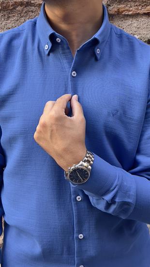 Slim Fit Uzun Kol Müslin Pamuk Rahat Nefes Alabilen Kumaştan Yaka Düğmeli Hediye Kutulu Erkek Gömlek FS-004202 - Saks Mavi