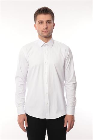 Slim Fit Uzun Kol Likralı Hediye Kutulu Kolay Ütülenebilir Erkek Gömlek FS-002969 - Beyaz