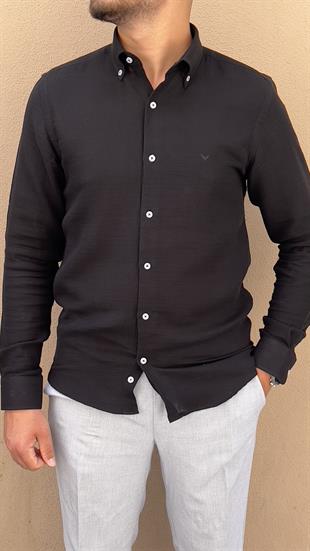 Slim Fit Uzun Kol Müslin Pamuk Rahat Nefes Alabilen Kumaştan Yaka Düğmeli Hediye Kutulu Erkek Gömlek FS-004202 - Siyah