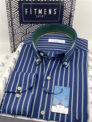 Klasik Geniş Kesim Uzun Kol Elegance Çizgili Yaka Düğmeli Hediye Kutulu Erkek Gömlek FS-004340 - Lacivert Yeşil