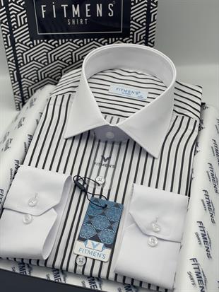 Klasik Uzun Kol Cepsiz Yaka Manşet Beyaz Hediye Kutulu Erkek Gömlek FS-004325 - Beyaz Siyah