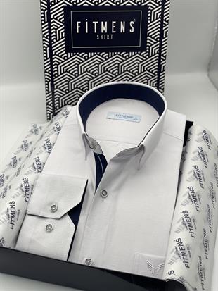 Klasik Uzun Kol Keten Cotton Hediye Kutulu Erkek Gömlek FS-001261 - Beyaz Lacivert