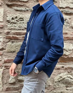 Oversize Gabardin Pamuklu Hediye Kutulu Erkek Ceket Gömlek FS-003868 - Lacivert