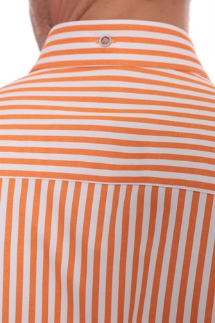Slim Fit Uzun Kol Likralı Çizgili Yaka Düğmeli Hediye Kutulu Erkek Gömlek FS-003669 - Turuncu