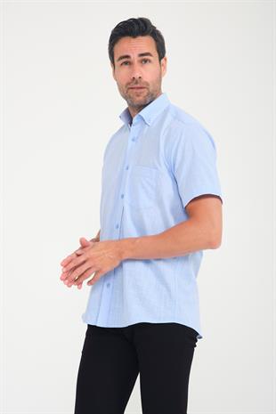 Klasik Kısa Kol Linen Keten Yaka Düğmeli Hediye Kutulu Erkek Gömlek FS-001202 - Mavi