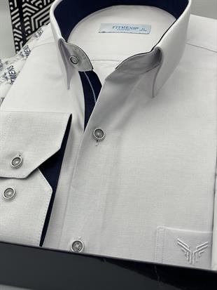 Klasik Uzun Kol Keten Cotton Hediye Kutulu Erkek Gömlek FS-001261 - Beyaz Lacivert