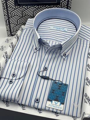 Slim Fit Uzun Kol Premium Kalın Çizgili Yaka Düğmeli Hediye Kutulu Kolay Ütülenebilir Erkek Gömlek FS-001375 - Beyaz Açık Mavi