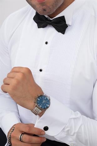 Slim Fit Uzun Kol Soft Saten Smokin Damatlık Erkek Hediye Kutulu Gömlek FS-001947 - Beyaz