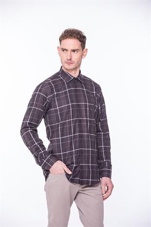 Klasik Uzun Kol Kışlık Ekoseli Oduncu Yaka Altı Düğmeli Pamuklu Hediye Kutulu Erkek Gömlek FS-001990 - Kahverengi