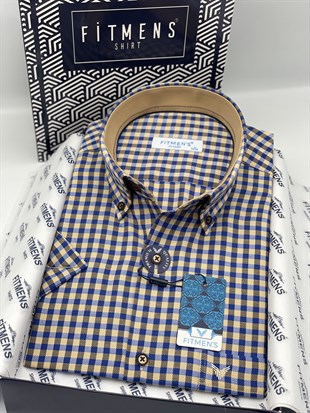 Klasik Kısa Kol Kareli Yaka Düğmeli Hediye Kutulu Erkek Gömlek FS-004576 - Camel