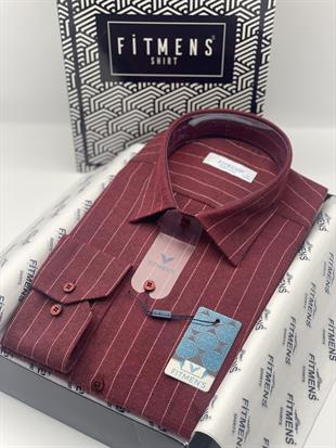 Klasik Uzun Kol Kışlık Çizgili Yaka Alttan Düğmeli Hediye Kutulu Erkek Gömlek FS-003363 - Bordo