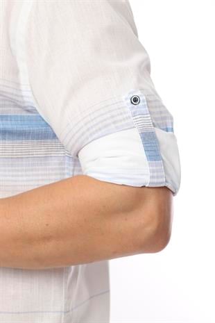 Slim Fit Uzun Kol Panolu Keten Hediye Kutulu Kolay Ütülenebilir Erkek Gömlek FS-002994 - Mavi