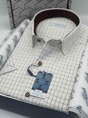 Klasik Kısa Kol Kareli Hediye Kutulu Erkek Gömlek FS-003623 - Beyaz Kahve