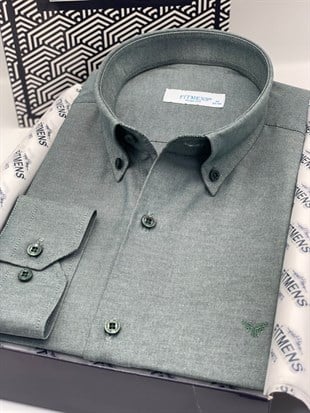 Slim Fit Uzun Kol Pamuklu Hediye Kutulu Kolay Ütülenebilir Erkek Gömlek FS-002225 - Yeşil