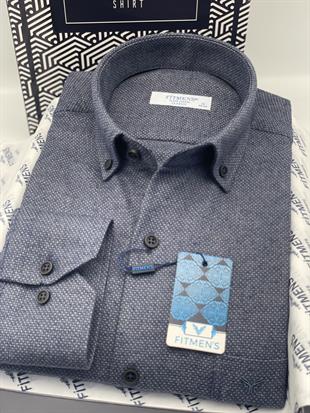 Klasik Uzun Kol Kışlık Yaka Düğmeli Yünlü %100 Cotton Hediye Kutulu Erkek Gömlek FS-003768 - İndigo