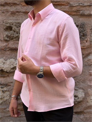 Slim Fit Uzun Kol Müslin Pamuk Rahat Nefes Alabilen Kumaştan Yaka Düğmeli Hediye Kutulu Erkek Gömlek FS-004202 - Pembe
