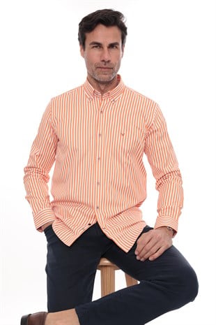 Slim Fit Uzun Kol Likralı Çizgili Yaka Düğmeli Hediye Kutulu Erkek Gömlek FS-003669 - Turuncu