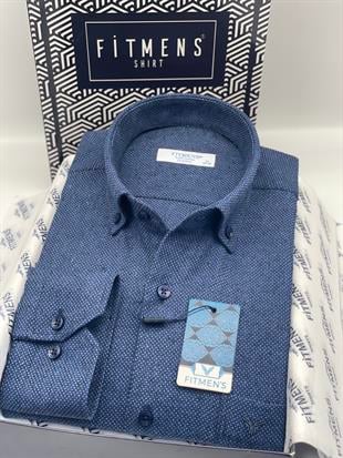 Klasik Uzun Kol Kışlık Yaka Düğmeli Yünlü %100 Cotton Hediye Kutulu Erkek Gömlek FS-003768 - Lacivert