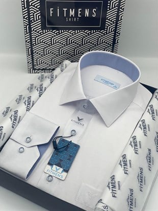 Klasik Uzun Kol Keten Cotton Hediye Kutulu Erkek Gömlek FS-001261 - Beyaz Açık Mavi