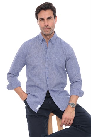 Slim Fit Uzun Kol Yaka Düğmeli Nefes Alan Keten Hediye Kutulu Erkek Gömlek FS-004548 - Saks Mavi