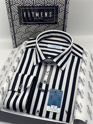 Klasik Uzun Kol Çizgili Cepsiz Yaka Alttan Düğmeli Likralı Hediye Kutulu Erkek Gömlek FS-003175 - Lacivert Beyaz