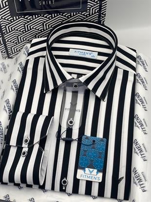 Klasik Uzun Kol Çizgili Cepsiz Yaka Alttan Düğmeli Likralı Hediye Kutulu Erkek Gömlek FS-003175 - Siyah Beyaz