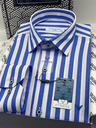 Klasik Uzun Kol Çizgili Cepsiz Yaka Alttan Düğmeli Likralı Hediye Kutulu Erkek Gömlek FS-003175 - Saks Mavi Beyaz