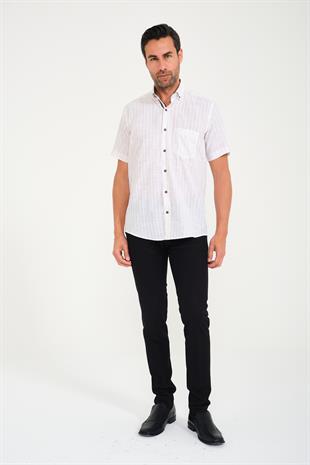 Klasik Kısa Kol Armür Çizgili Flam Keten Düğmeli Yaka Hediye Kutulu Erkek Gömlek FS-000678 - Ekru