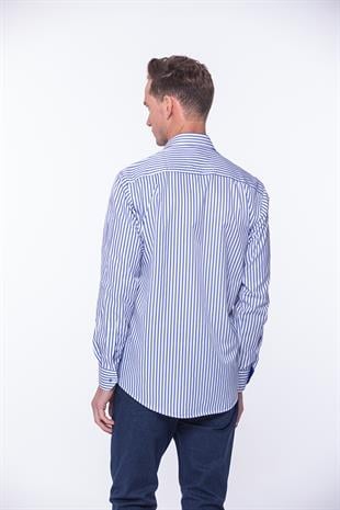 Klasik Uzun Kol Kalın Çizgili Hediye Kutulu Erkek Gömlek FS-001260 - Beyaz Saks Mavi