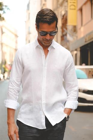 Slim Fit Uzun Kol %100 Keten Nefes Alabilen Kumaştan Hediye Kutulu Erkek Gömlek FS-004170 - Beyaz