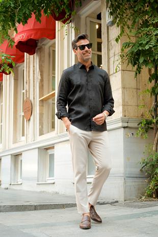 Slim Fit Uzun Kol %100 Keten Nefes Alabilen Kumaştan Hediye Kutulu Erkek Gömlek FS-004170 - Siyah