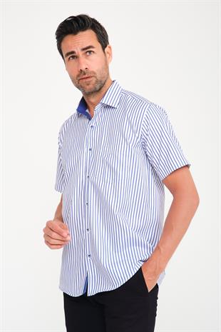 Klasik Kısa Kol Kalın Çizgili Hediye Kutulu Erkek Gömlek FS-000702 - Beyaz Saks Mavi