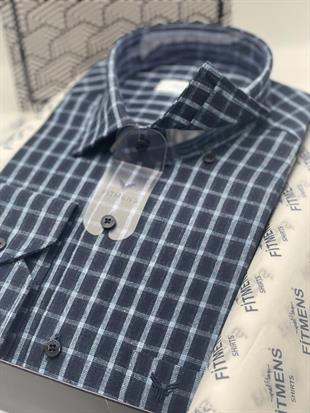 Klasik Uzun Kol Kışlık Ekoseli Oduncu Yaka Altı Düğmeli Pamuklu Hediye Kutulu Erkek Gömlek FS-003133 - Lacivert