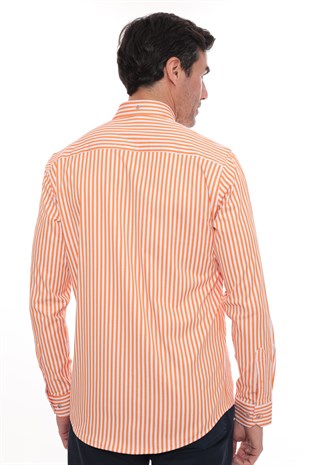 Slim Fit Uzun Kol Likralı Çizgili Yaka Düğmeli Hediye Kutulu Erkek Gömlek FS-003669 - Turuncu