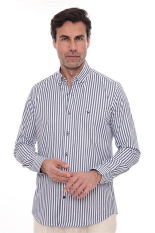 Slim Fit Uzun Kol Likralı Çizgili Yaka Düğmeli Hediye Kutulu Erkek Gömlek FS-003669 - Lacivert